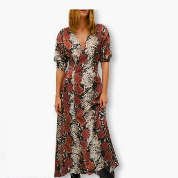 Mango Snake Print Long Sleeve V Neck Button Front Maxi Dress 4 size Small - Picture 1 of 14